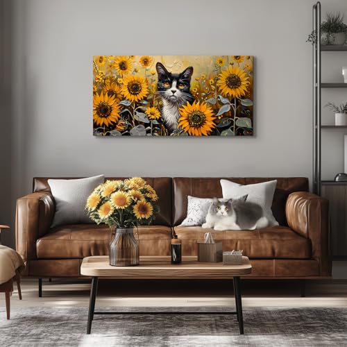 SERIMINO Large Wall Art Canvas Prints, Sunflower Cat Wall Art Aesthetic, Cute Animal Modern Home Decor Paintings, Yellow Landscape Pictures Wall Decor Living Room Dining Room Office Decor 20"X40"