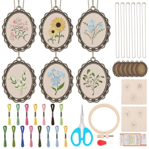 Image of ACRNIGHEET 6PCS Flower Embroidery Necklace DIY Mini Embroidery Kit Cross Stitch Necklace Pendant Embroidery Kit for Beginners Sewing Jewelry Embroidery Hoops and Necklace Chains Creative Gifts