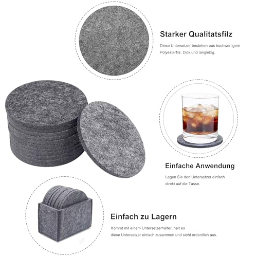 SQUASHIC 12 Stück Filzuntersetzer Rund Rutschfester hitzebeständiger,Untersetzer Gläser,Untersetzer Filz,Geeignet für Getränke,Bars,Tassen,Tischuntersetzer,Getränkeuntersetzer mit Aufbewahrungsbox