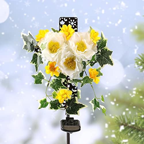 White Camellia Flower Solar Lights Cross Stake