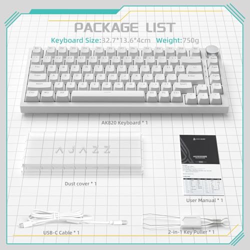 ATTACK SHARK x AJAZZ AK820 Teclado mecânico para jogos com fio com vedação e controle de botão CNC, layout ANSI 75%,espuma de absorção de som 5,interruptor azul hot-swap,retroiluminação azul (Branco) - Imagem 9