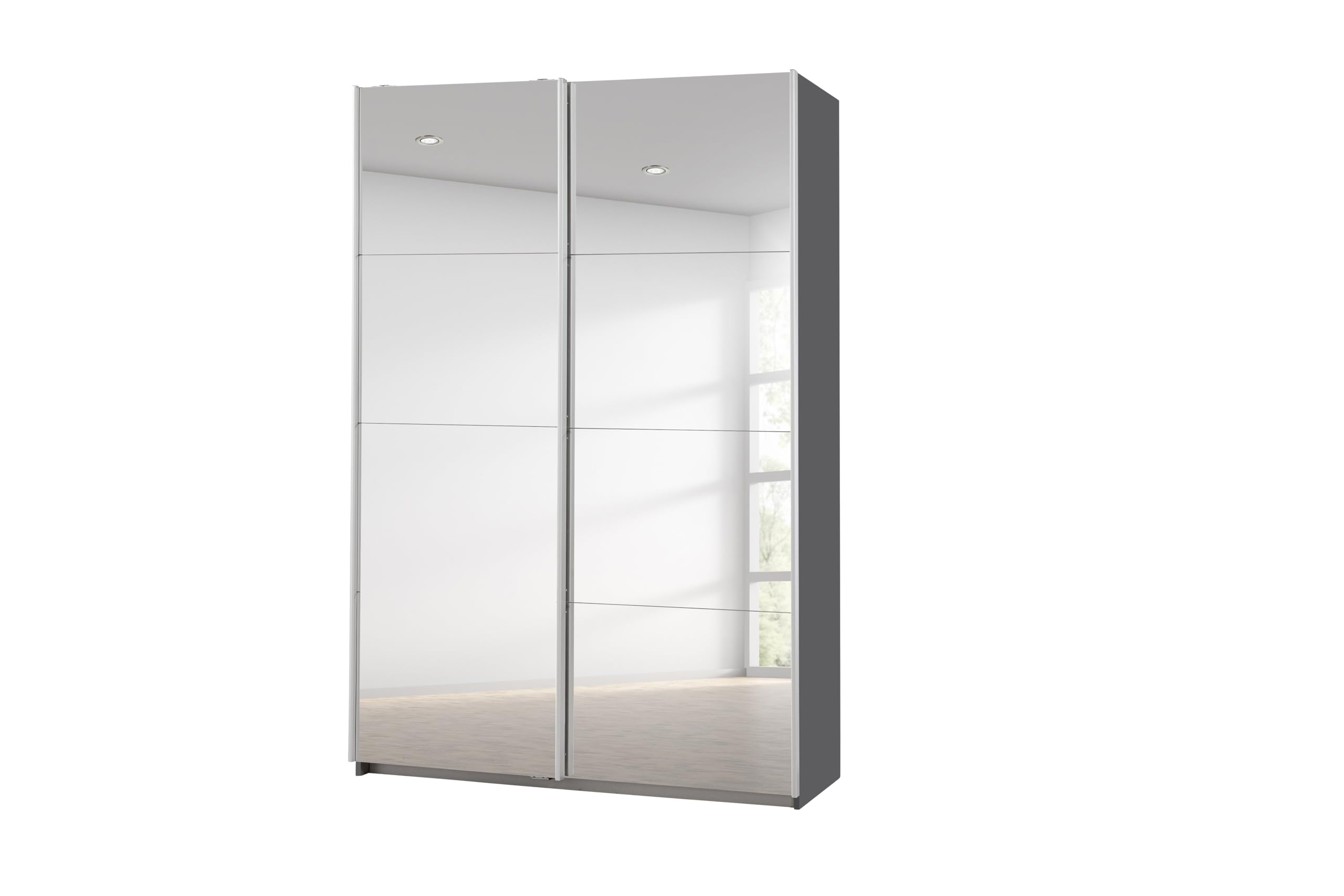 Rauch Möbel Caracas, Kleiderschrank mit Schwebetüren für Schlafzimmer, Kinderzimmer, Flur 2-türig, mit Spiegel, Zubehör Classic, Farbe Grau metallic, Schwarz, Breite 136 cm