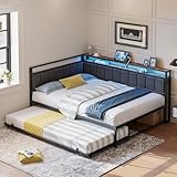 LIKIMIO Corner Full Bed Frame with Trundle, Upholstered Storage Headboard & LED Lights, Full Size Daybed with Charging Station, Sturdy Platform Metal Frame for Living Room, Bedroom, Guest Room, Gray