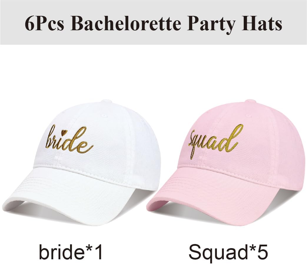 PartyGifts&beyond 6Packs Bachelorette Hat Bridesmaid Hat Bachelorette Party Favors Embroidered Bride Squad Baseball Cap