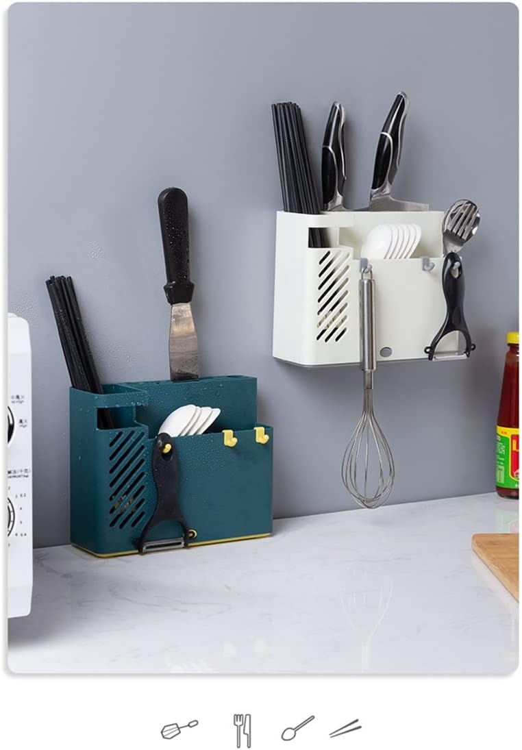 Kitchen Tableware Draining Holder Spoon Chopstick Cutlery Storage Rack Multi-Function Organizer Shelf with Hooks(D)