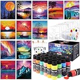 AmazingSpark 12 Set Paint and Sip Kit for Adults 8'x 10' Pre Drawn Canvas for Painting DlY Acrylic Paint Set with Brushes, 24 Colors(60ml, 2oz) for Date Night Party Supplies(Brilliant Scenery)
