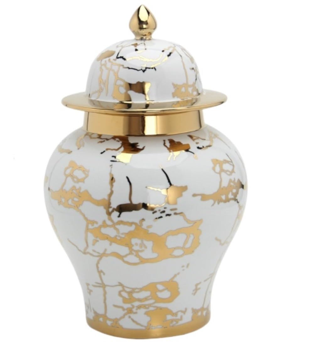 Ginger Jar Classical Ceramic Ginger Jar Temple Storage Organizer Flowerpot Desktop Display Flower Vase Decorative Storage(Gold,24.5 * 38cm)