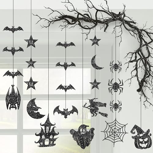 KatchOn,Huge Glitter Black Halloween Garland - Pack of 8 | Decor Hanging Decorations Witch Garland,Glitter Pumpkins Bats Decoration (KA-HWN-GD-BK-GHOST)