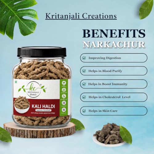 Image of Kritanjali Creations Narkachur Kali Haldi Nar Kachur Curcuma Zerumbet Zedoary Root Black Turmeric Whole Root, Natural Raw Additive-Free, 100% Pure Curcuma Caesia (200GM)