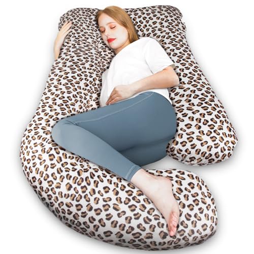 Image of Chilling Home Pregnancy Pillow, J Shape Pregnancy Pillows for Sleeping, Body Pillows for Adults, Maternity Pillow for Pregnant Women, with Velvet Removable Cover, Leopard Print
