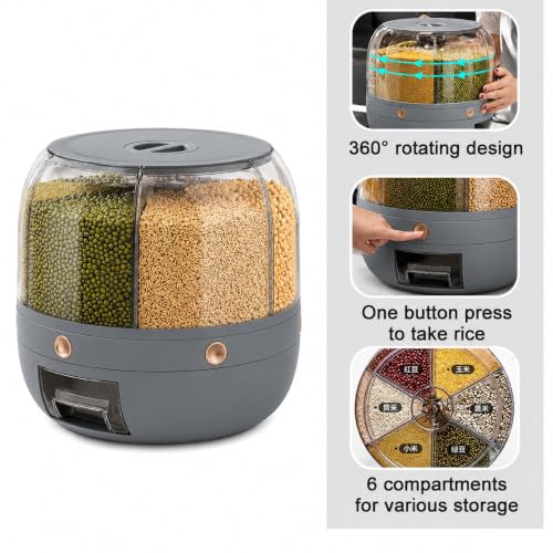 Image of YAGVIZ Rotating Grain Storage Bin 6 Grids Rice Container One-Click Output Large Capacity Food Dispenser For Rice Grains Sealed Moisture Proof Organizer