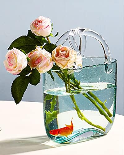 Flower Vase - 10" Glass Vases for Flowers with Purse Design, Light Blue Vase with Handle and Bubbles for Home Decor (Light Blue)