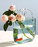 Flower Vase - 10" Glass Vases for Flowers with Purse Design, Light Blue Vase with Handle and Bubbles