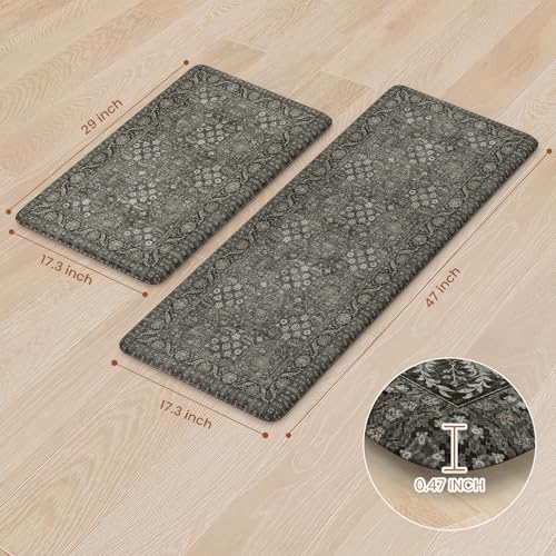 KIMODE Anti Fatigue Kitchen Mat 2PCS,Waterproof Farmhouse Green Kitchen Rugs Non-Slip,Vintage Kitchen Mats for Floor,Cushioned Comfort Standing Mat for Laundry,Office,Sink,Desk,17