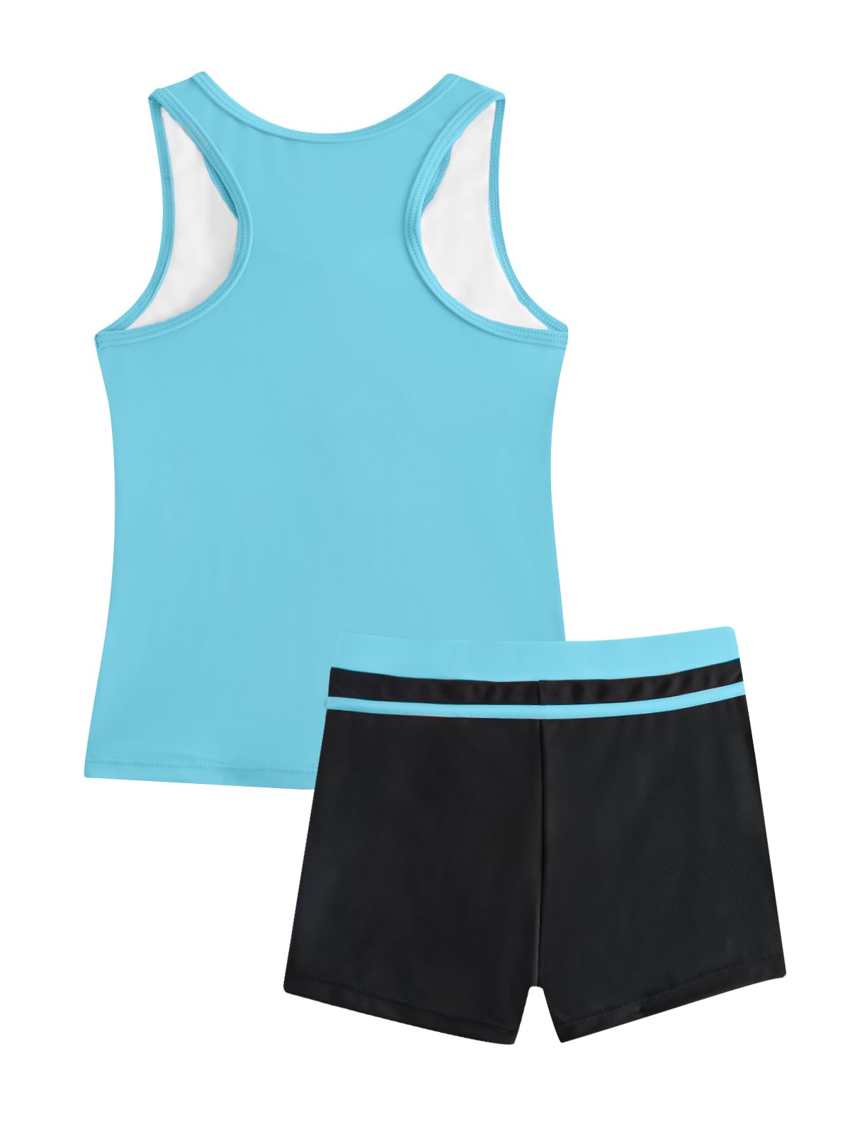 JiAmy Costume da bagno sportivo da bambina, 2 pezzi, con top senza maniche e pantaloncini da bagno, a righe a blocchi di colore, per bambini dai 5 ai 12 anni