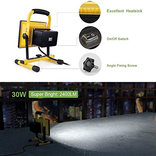 Ustellar 2400LM 30W LED Work Light (200W Equivalent), Waterproof Portable LED Flood Lights, Job Site Lighting with Stand for Construction Site, Workshop, 16ft/5M Cord with Plug, 6000K Daylight White