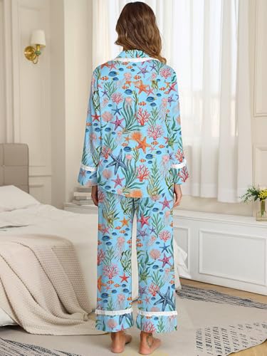 Image of Jusfitsu Women's Silk Satin Pajamas Long Sleeve Ruffle Button Down Pjs Sets