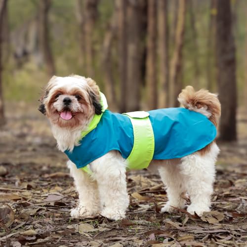 Image of Waterproof Dog Raincoat with Hood | Double Coloured Blue-Green | Adjustable Velcro | Extra Coverage | Easy to Carry Pouch | for Small, Medium and Large Breed Dogs (Puppy (M))
