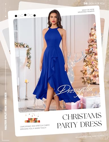 Image of Dressystar Womens 2026 Halter Slit Ruffle Wedding Guest Party Dress Elegant Maxi Long Sleeveless Formal Prom Cocktail Dresses