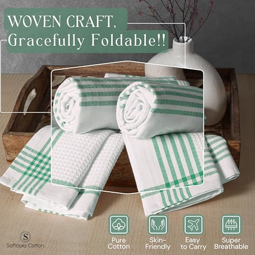 Image of Waffle White & Dark Green Kitchen Towels 4 Pack, 100% Cotton, 16x26 inches, Super Absorbent Tea Towel for Drying Dishes, Quick Drying Kitchen Cloth Set for Daily Cooking, Cleaning