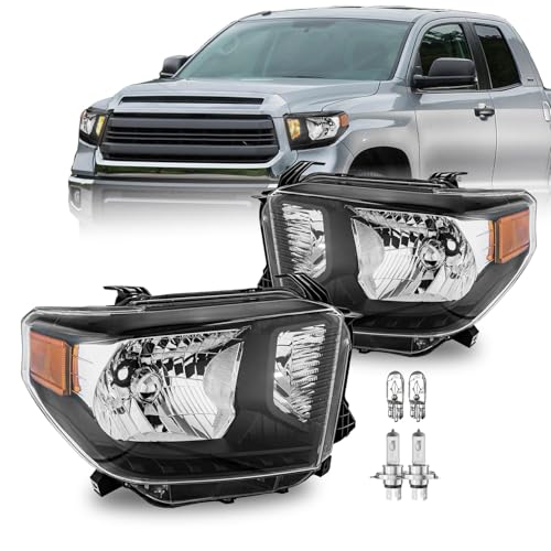 Headlights Assembly with Bulbs for 2014-2021 Toyota Tundra Halogen Models WITHOUT Level Adjuster Replacement Front Lights Black Housing Amber Reflector Driver and Passenger Side