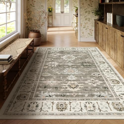 Lahome Vintage 8x10 Area Rugs,Oriental Farmhouse Rug for Living Room Non-Slip,Low-Pile Soft Distressed Indoor Floor Carpet Washable Rugs for Bedroom Dining Room Playroom - Brown 8' x 10' Bro