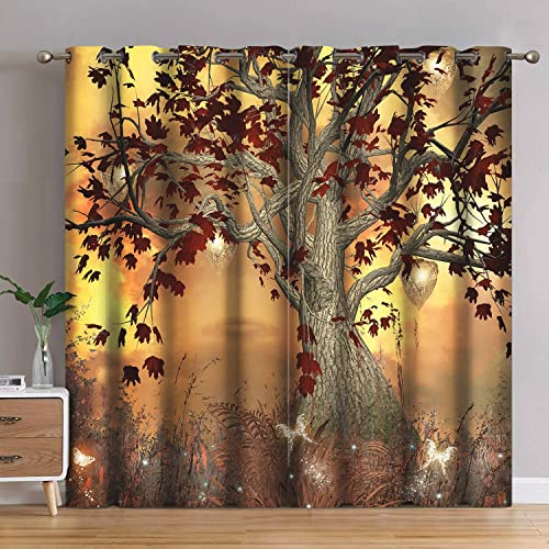 Jekeno Fall Tree Blackout Curtains Autumn Tree Room Decor Moonlight Butterfly Lantern Glittering Firefly Print Grommet Window Drape for Bedroom Living Room 2 Panel Set, 42"x54"