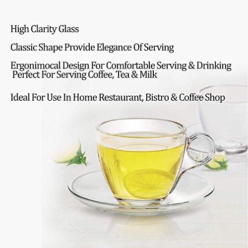 Image of KELVEE New Crystal Clear Classic Glass Tea & Coffee Cup and Saucer Set, for Latte Cappuccino Espresso Mocha and More, (6 Cups and 6 Saucers) - Pack of 12 (Honey)