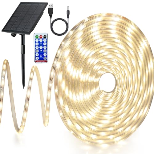 10M Led Strip Lights 600 LEDs, Solar Flexible LED Strip Light Warm White Solar Powered Rope Lights with Remote & 8 Modes Waterproof for Garden Party Gazebo Bedroom, Kitchen, Indoor, Outdoor Decor