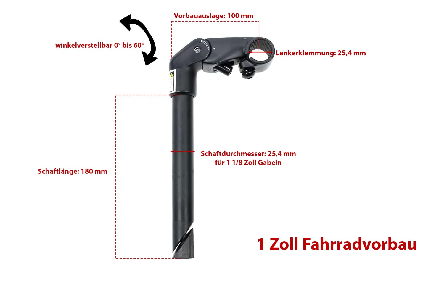 1 Zoll Winkel Verstellbarer Fahrrad Vorbau 25,4 mm Klemmung 180 mm Schaft Sport & Freizeit