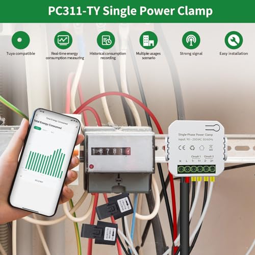 Image of Smart Energy Monitor with 2PCS 120A CT Clamps 90-250VAC Real Time Power Consumption Tracker for Solar Grid Systems Voltage Current Frequency Monitoring