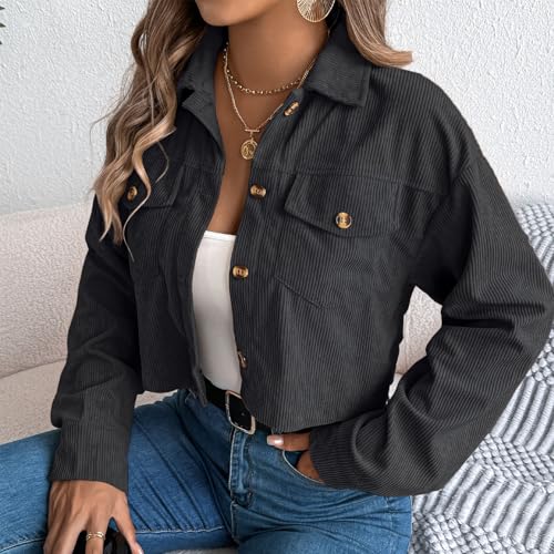 Womens Cropped Jackets Shackets Corduroy Button Shacket Jacket Lightweight Fall Long Sleeve Outerwear with Pocket4