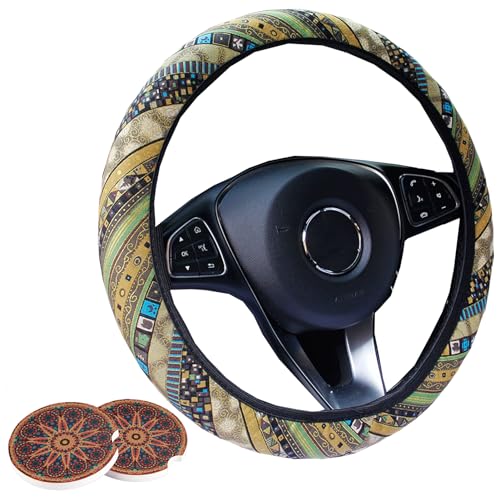 Silence Shopping 3 Pack Boho Steering Wheel Cover with Car Cup Holder Coasters Universal Baja Hippie Bohemian Style Steering Wheel Covers Cute Car Steering Wheel Cover for Women Girl 15 Inch (Yellow)
