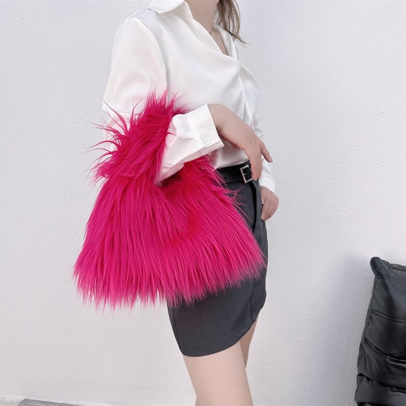 Faux Fur Handbags Furry Fluffy Fuzzy Bags Plush Tote Cute Handbag Faux Fur Crossbody Bag Shoulder Bag for Women, Rose Red4