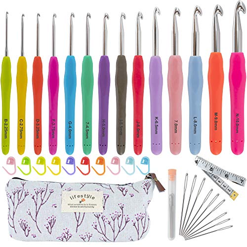 WESAYEE Ergonomic Crochet Hook Set with Case, Metal Yarn Knitting Needles Kits with Extra Long Soft Grip Handles - 2.25mm(B) 10mm(N)