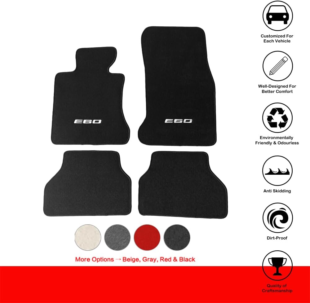Floor Mats Compatible with BMW E60 Logo 5-Series, 2005-2010 Factory Fitment Front & Rear Nylon Car Floor Carpets Carpet Liner by IKON MOTORSPORTS, 2006 2007 2008 2009