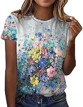 Haut à Manches Courtes Col Rond Femme - Motif Floral Papillon Bord De Mer Coucher De Soleil