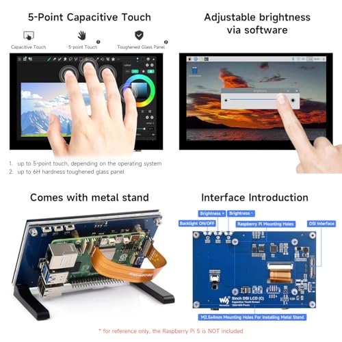 Image of waveshare 5inch Capacitive Touch Display, compatilbe with Raspberry Pi 5 /4B /3B /CM4 /3, DSI Interface, IPS Panel, 1024x600 Pixels, Toughened Glass Panel, No Driver Required