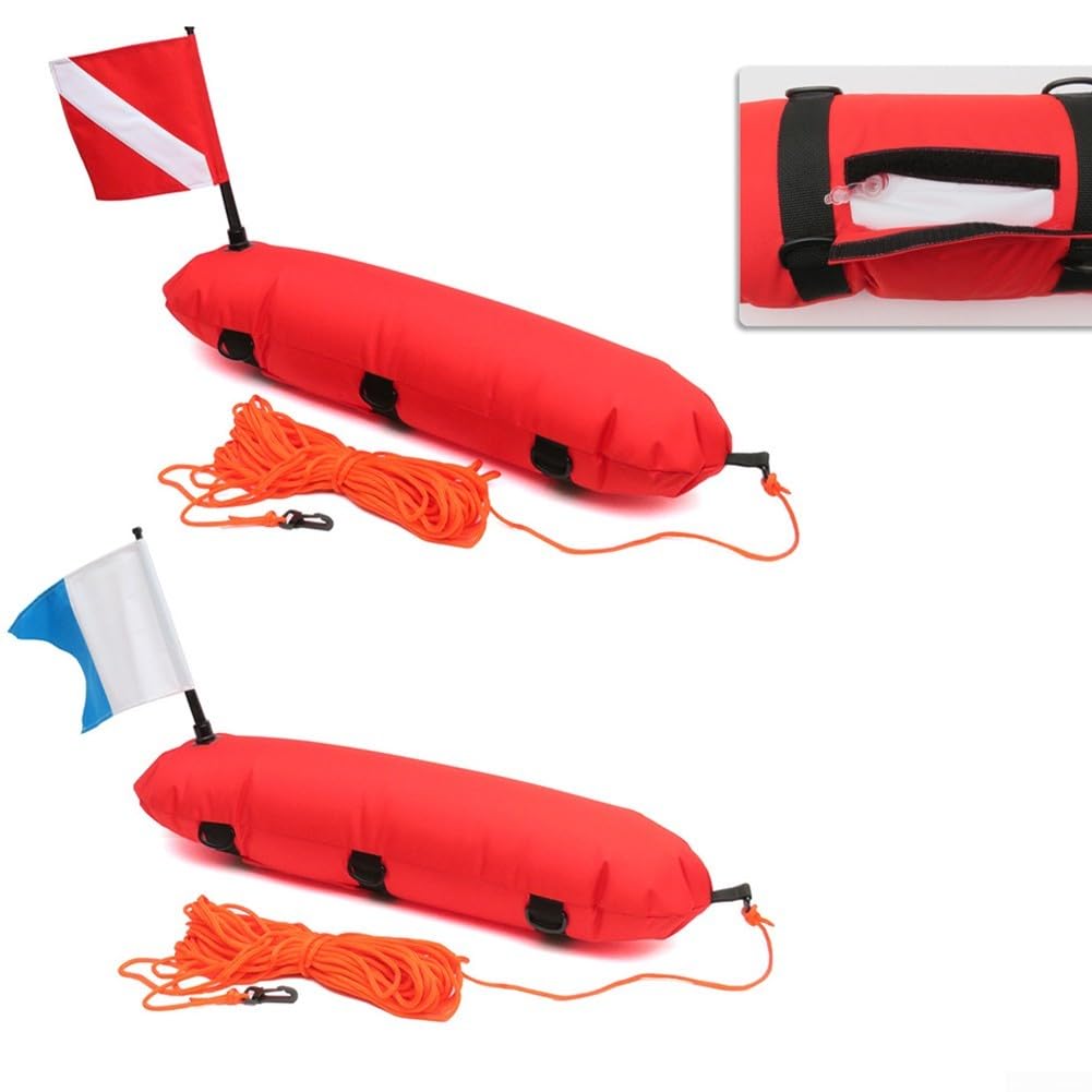 Boya de seguridad subacuática con diseño de bandera e inflado para pesca submarina, esnórquel, buceo, playa, buceo (rojo)