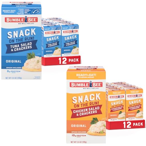 Image of Bumble Bee Snack On The Run! Bulk Protein Snack Packs - Original Tuna Salad and Classic Chicken Salad with Crackers - Ready to Eat Easy-Open Can (Pack of 24)