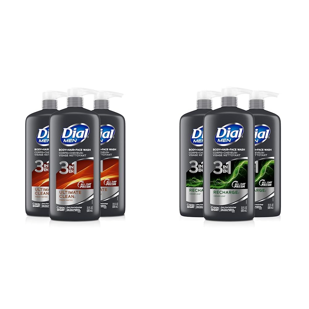 Dial Men 3in1 Body, Hair and Face Wash, Ultimate Clean, 69 fl oz (3-23 fl oz Bottles) & Men 3in1 Body, Hair and Face Wash, Recharge, 69 fl oz (3-23 fl oz Bottles)