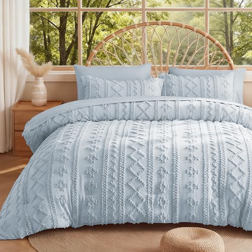 Image of MR&HM Dusty Blue Boho Comforter Set Queen, Tufted Boho Bedding Set, Farmhouse Shabby Chic Bed in a Bag with 1 Comforter, 2 Pillow Shams, 2 Pillowcases, 1 Flat Sheet, 1 Fitted Sheet for All Seasons