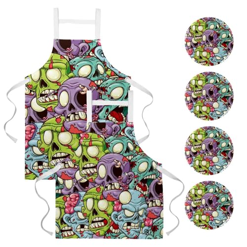 Lot de 2 tabliers de cuisine avec motifs zombie pour bistrot et bar