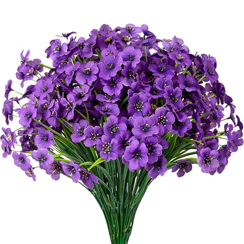 12束 造花 植物 屋外 装飾用 フェイクフラワー まとめ買い ホームインテリア 屋内 プラスチック フェイクフラワー窓辺のプランター、玄関ポーチの植物、春の装飾、花瓶用ブーケ（パープル）