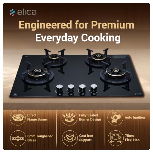 Image of Elica 75cm 4 Burner Auto Ignition Hob | RG FLEXI DFS AB 4B 75 DX | 8 mm Toughened Glass, Direct Vertical Flame Brass Burners, Fully Sealed Burner Design, 2 Year Comprehensive Warranty