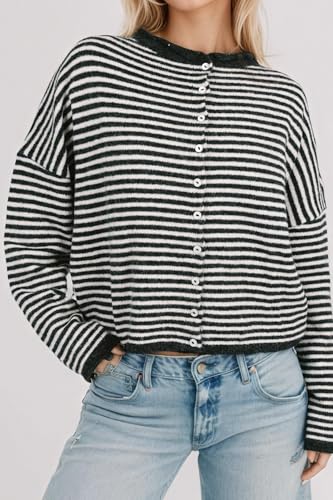 Women Trendy Button Down Striped Knit Cardigan Casual Loose Fit Long Sleeve Drop Shoulder Button Sweater Fall3