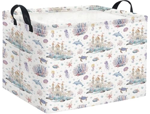 Image of Rectangular Kids Storage Basket Boys for Home Kitchen Girls Cute Storage Bin Organizer Shelf Book Room Decor(Sea Castle)