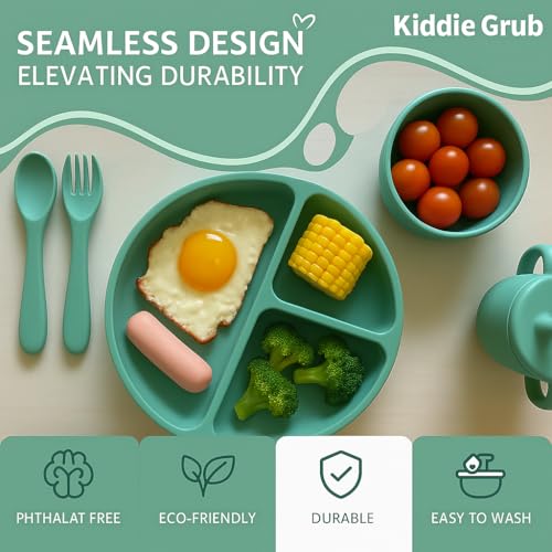 Image of 7 Pcs Baby Feeding Set with Napkin BPA Free Baby Dinner Set, Silicone Feeding Set for Baby 6+ Months, Baby Weaning Set, Baby Suction Plate and Spoon Cutlery Set, Silicone bib and Bowl