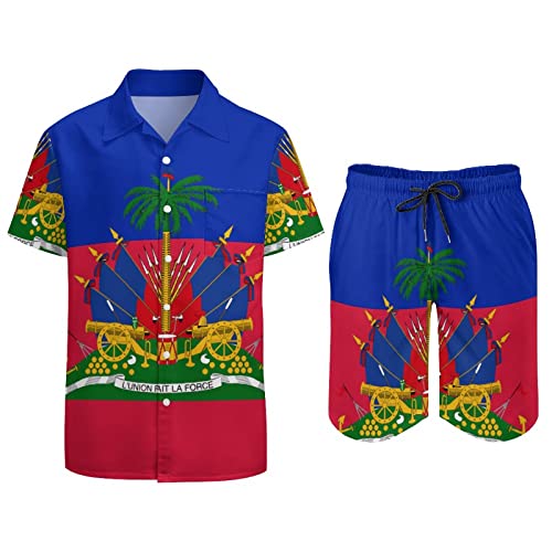 Men's Haiti Flag Button-Up Shirt Hawaiian Shirt Party Beach Suit Dry Surfing Beach Shorts with Pockets S3