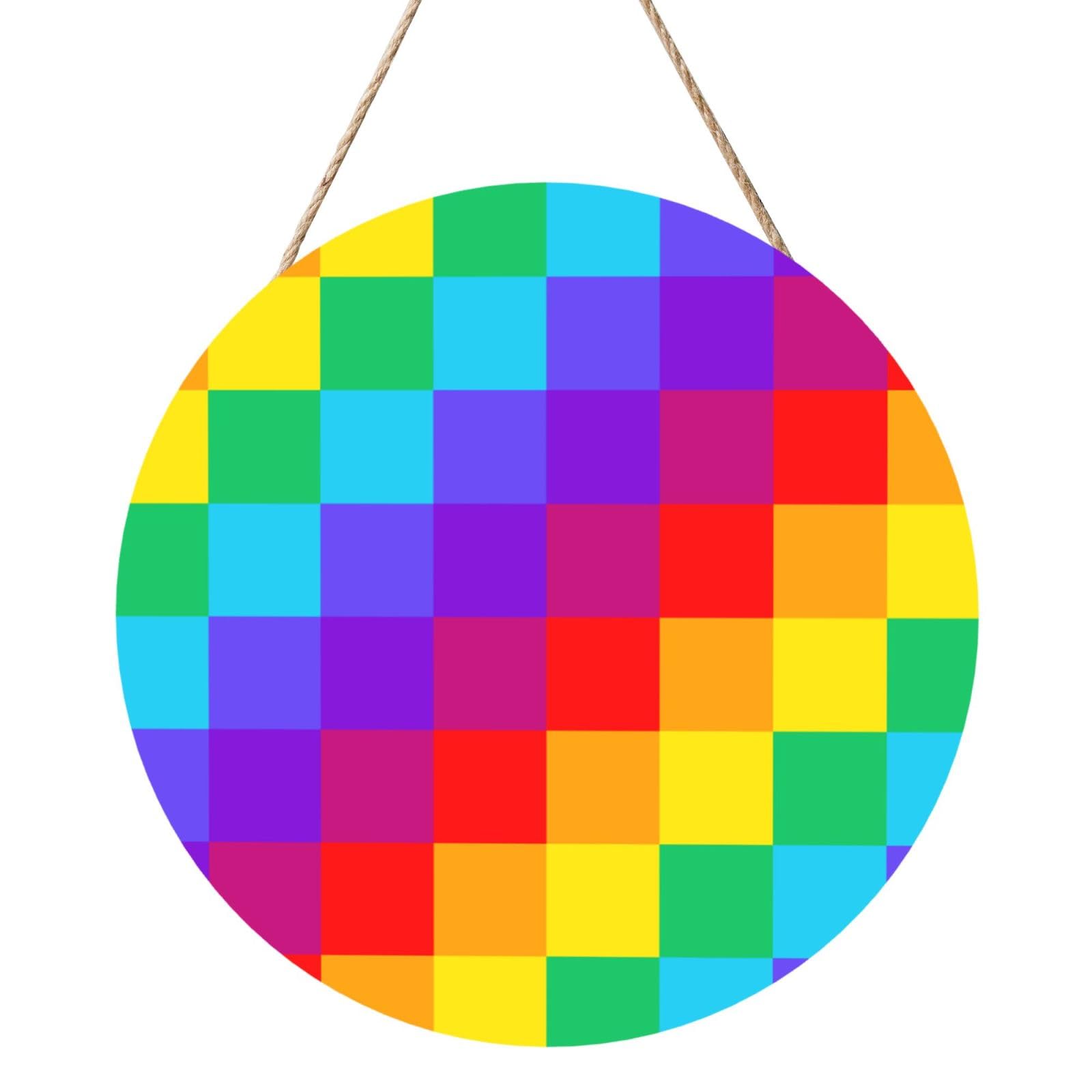 InOmak Rainbow Plaid Pattern, Round Wood Panel Painting 12 in, Wall Hanging Painting For Home